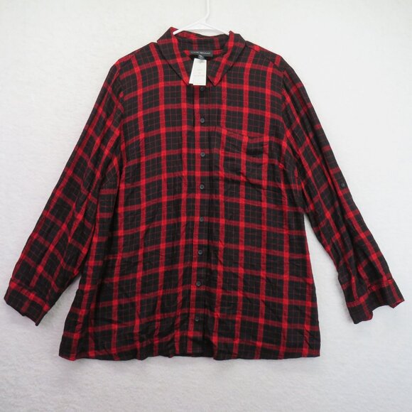 Lane Bryant Shirt Womens Size 18 Flannel Red Black Plaid Roll Tab Sleeve New - Picture 1 of 9